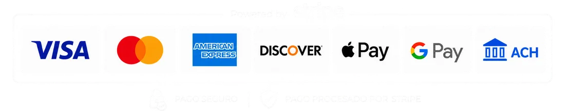Pago seguro procesado por Stripe · Visa, Mastercard, American Express, Discover, Apple Pay, Google Pay y ACH